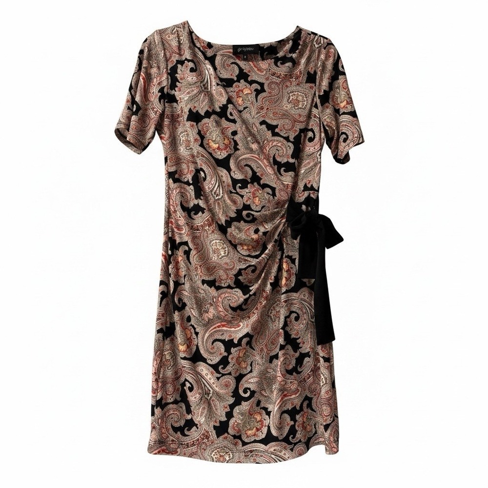 Grayson Threads Womens Small Paisley Print Side Tie Dress Black Orange Tan